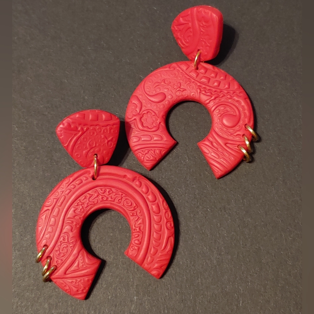 Handmade Red Textured Polymer Clay Mod Contemporary Dangle Arch Earrings
